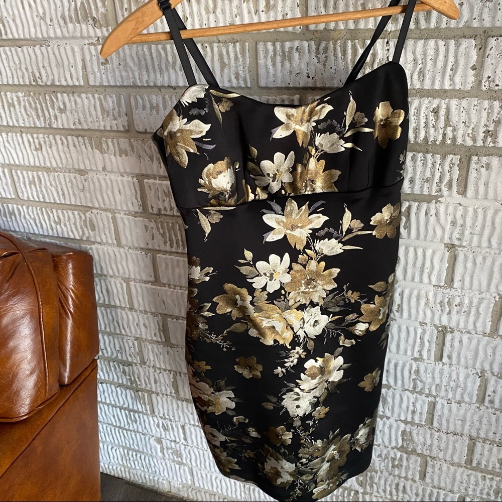 Black mini dress spaghetti strap & metallic floral